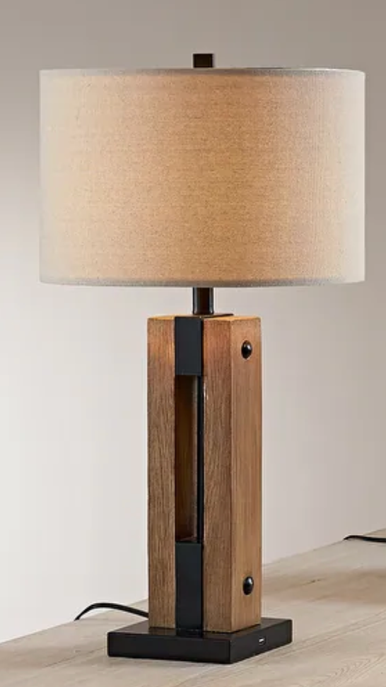 Modern farmhouse 28" brown wood & black table lamp w/ USB 💡