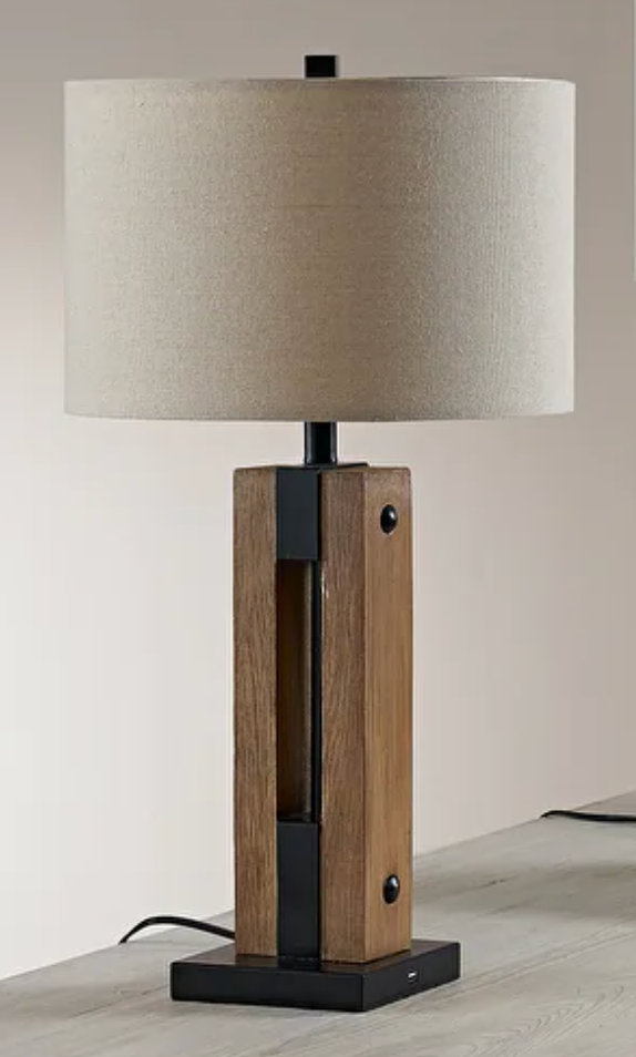 Modern farmhouse 28" brown wood & black table lamp w/ USB 💡