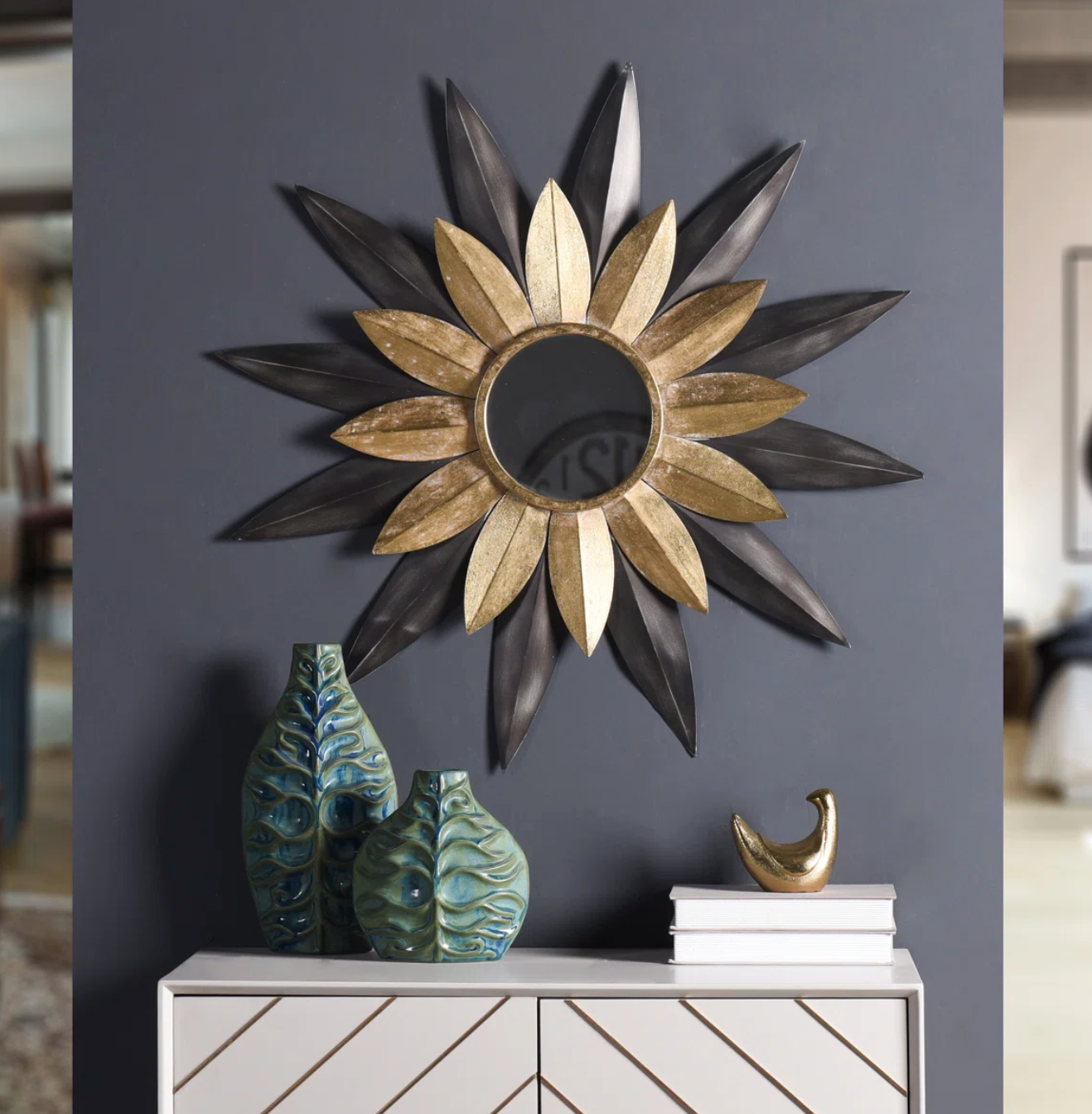 Gold & black 33" round starburst mirror 🪞