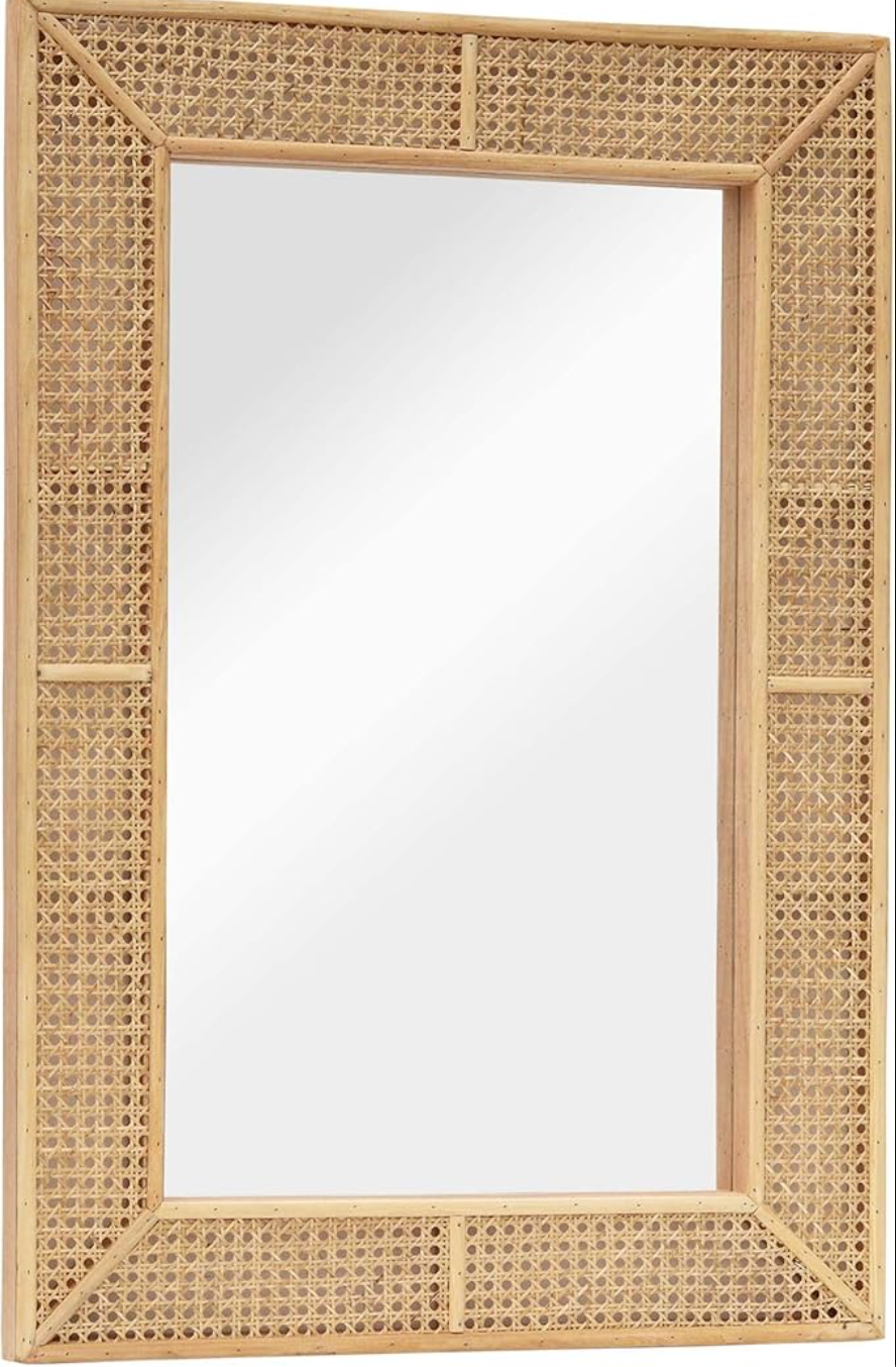 Boho 38x26 rectangle wood & rattan mirror🪞☀️