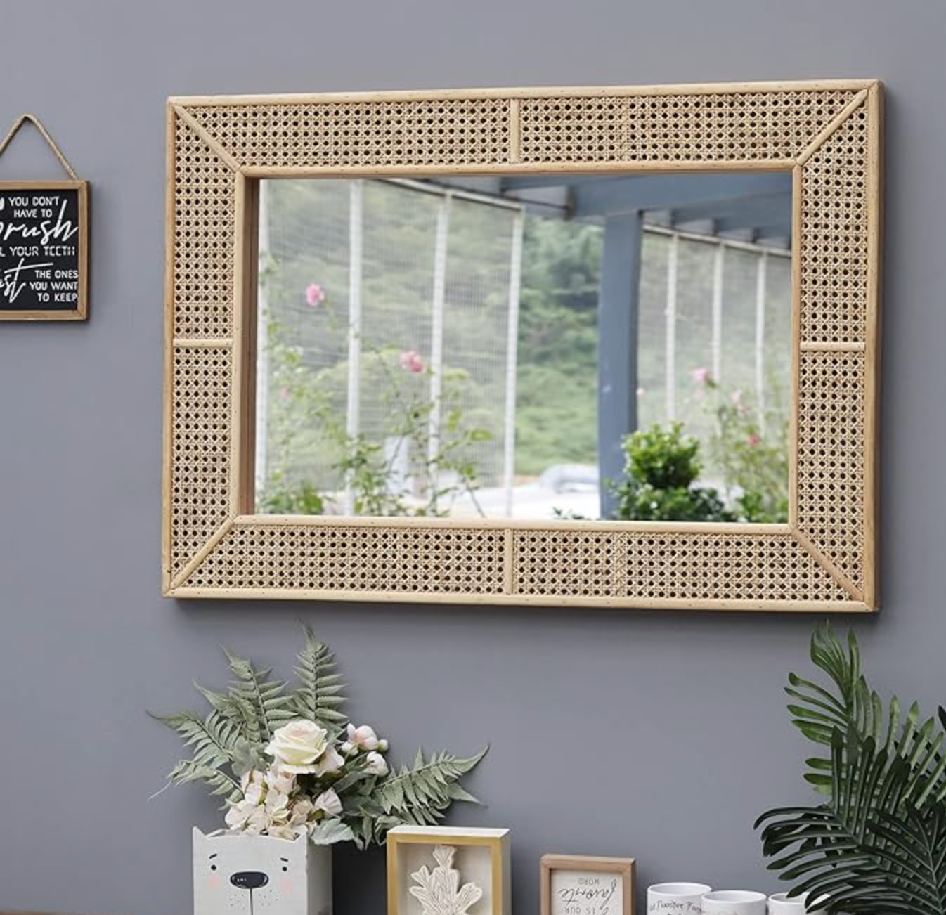 Boho 38x26 rectangle wood & rattan mirror🪞☀️