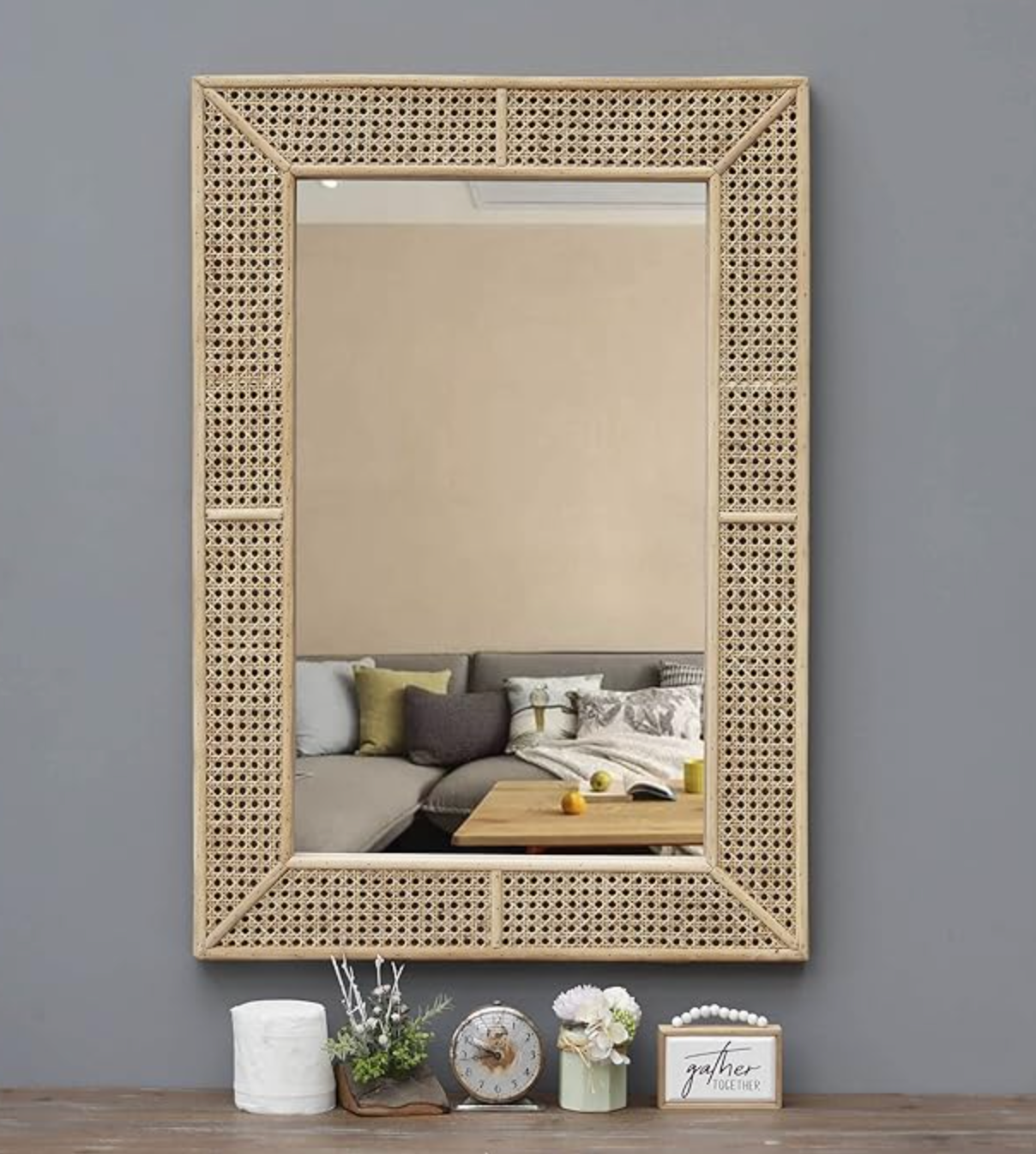 Boho 38x26 rectangle wood & rattan mirror🪞☀️