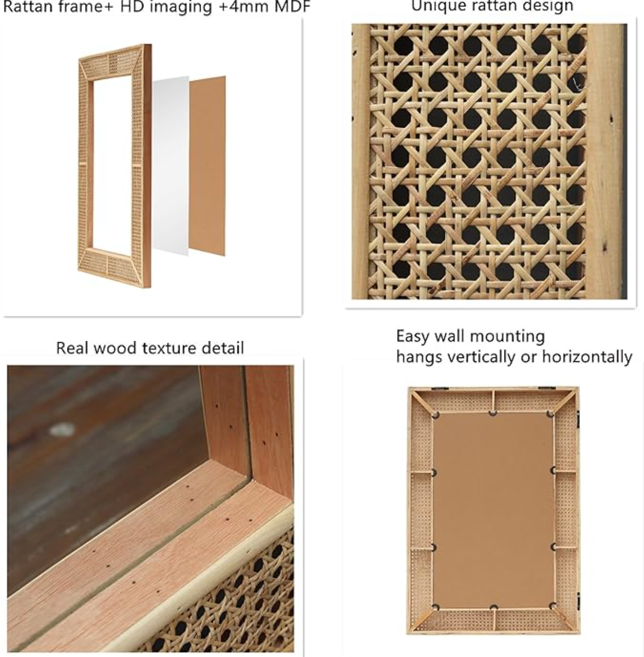 Boho 38x26 rectangle wood & rattan mirror🪞☀️