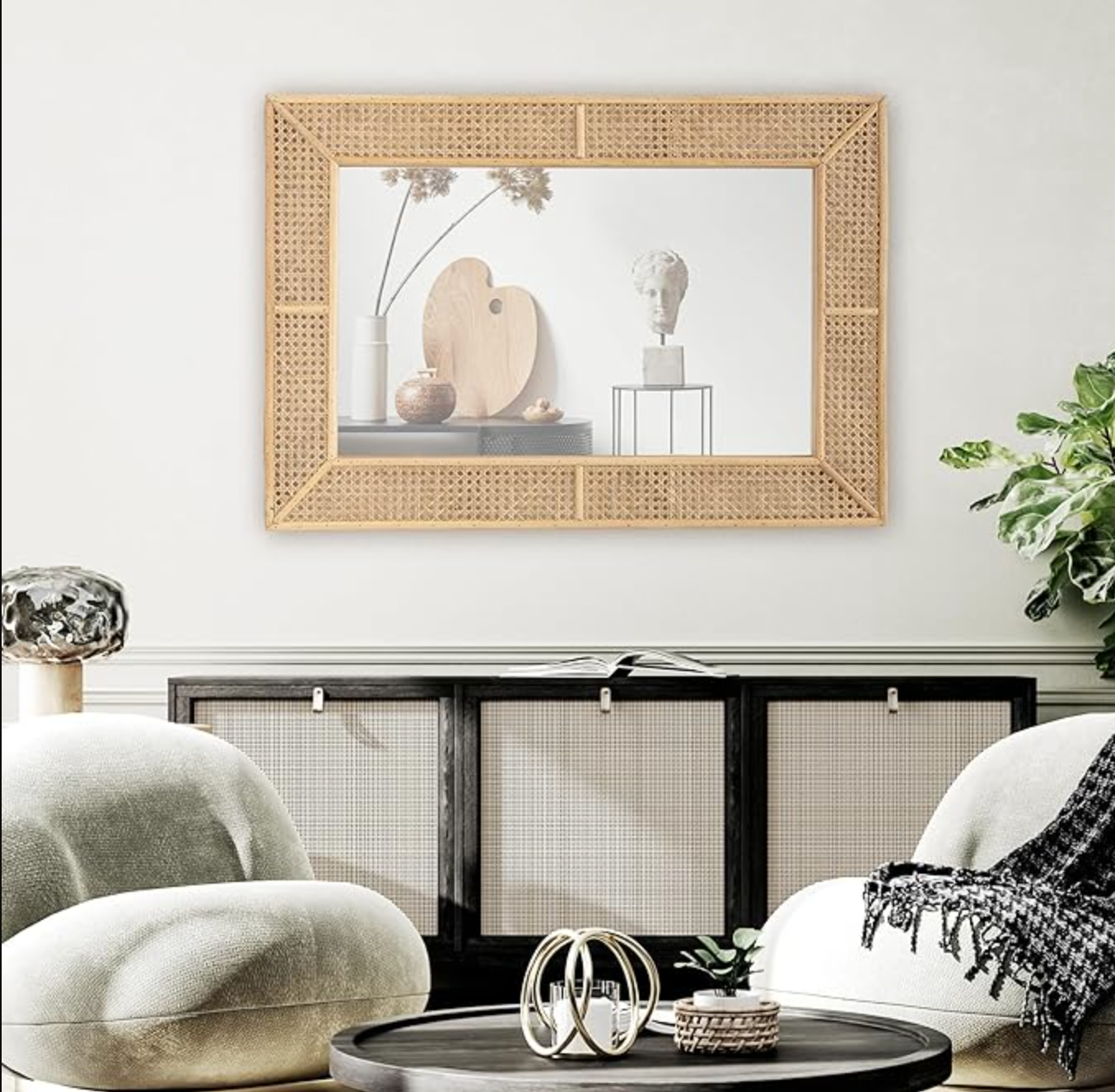 Boho 38x26 rectangle wood & rattan mirror🪞☀️