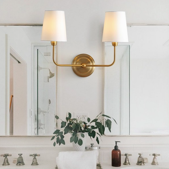 Brass gold 2-light wall sconce (LED Bulbs Included) w/ white shade ✨