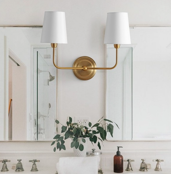 Brass gold 2-light wall sconce (LED Bulbs Included) w/ white shade ✨