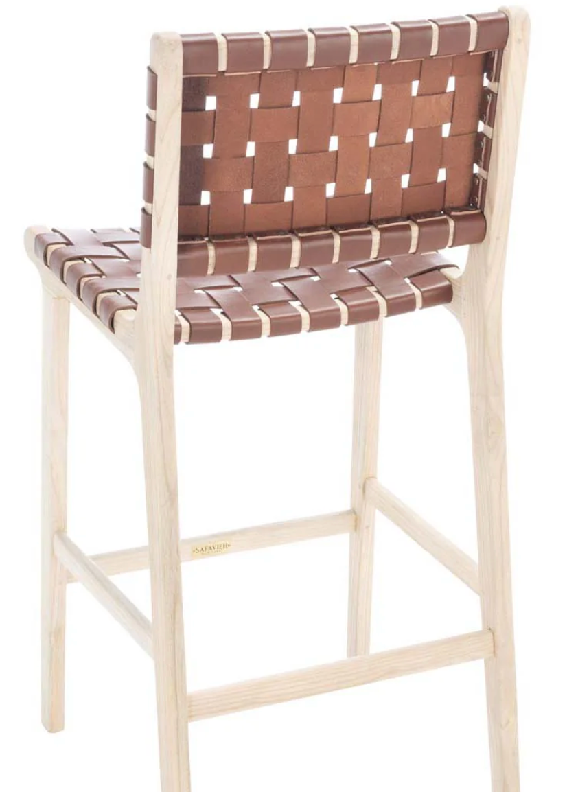 Cognac leather & natural wood barstool 🥂