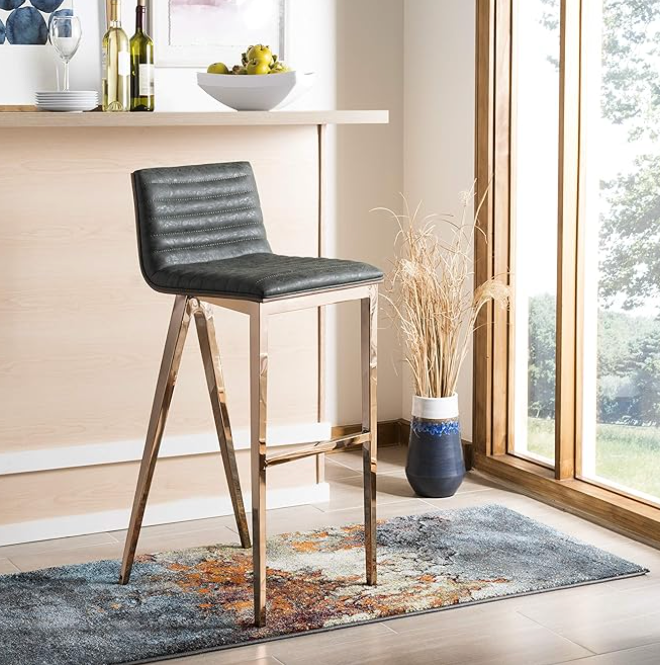 Modern green faux leather barstool w/ gold legs 💫