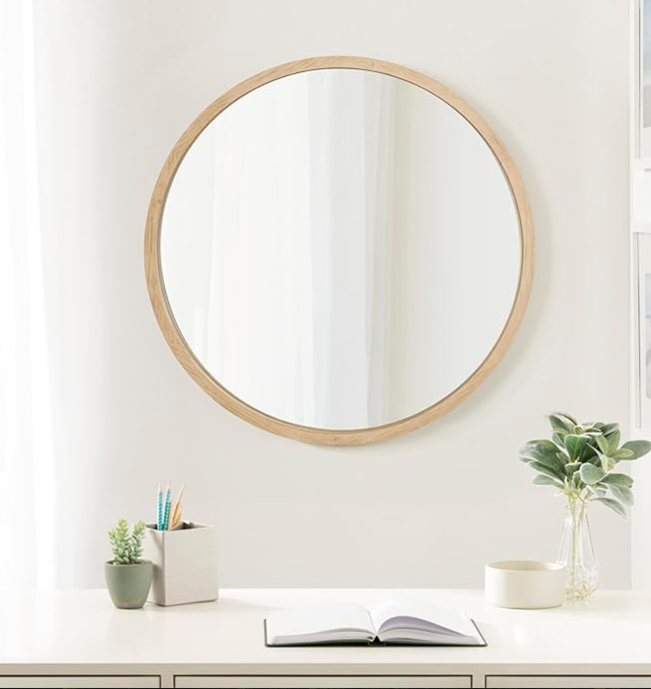 Rustic 28" round natural brown wood farmhouse mirror 🪷