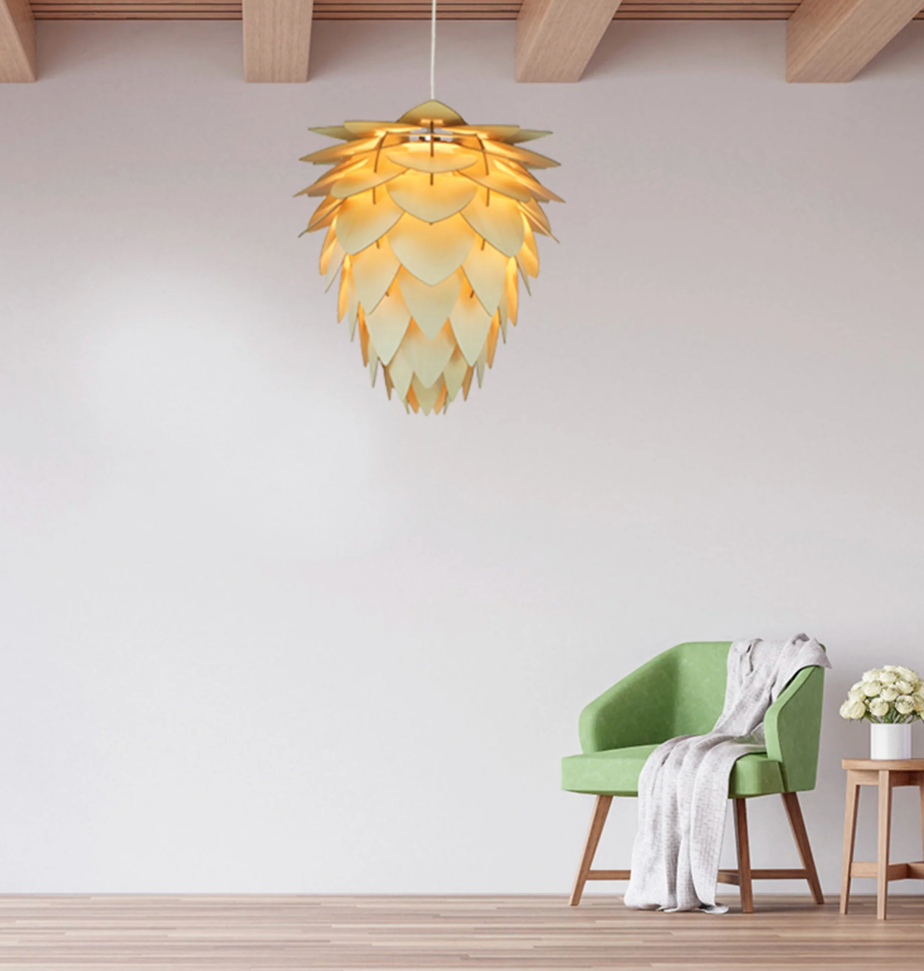 Natural wood adjustable chandelier w/ artichoke design 🌻