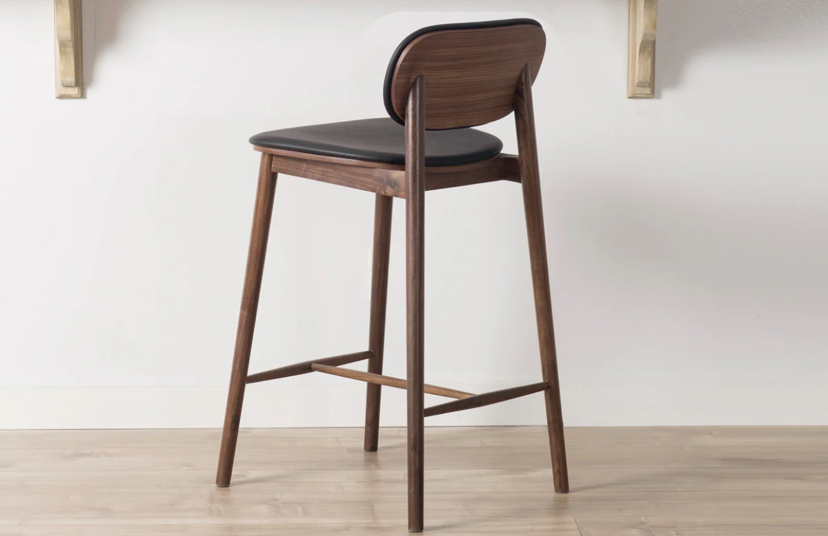 Walnut counterheight Poly & Bark barstool w/ black leather seat 🍷