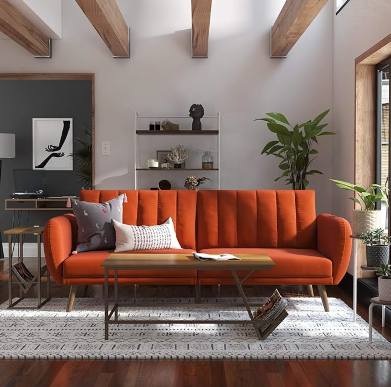 Dark orange 82" linen futon sofa bed w/ tufted back 🧡