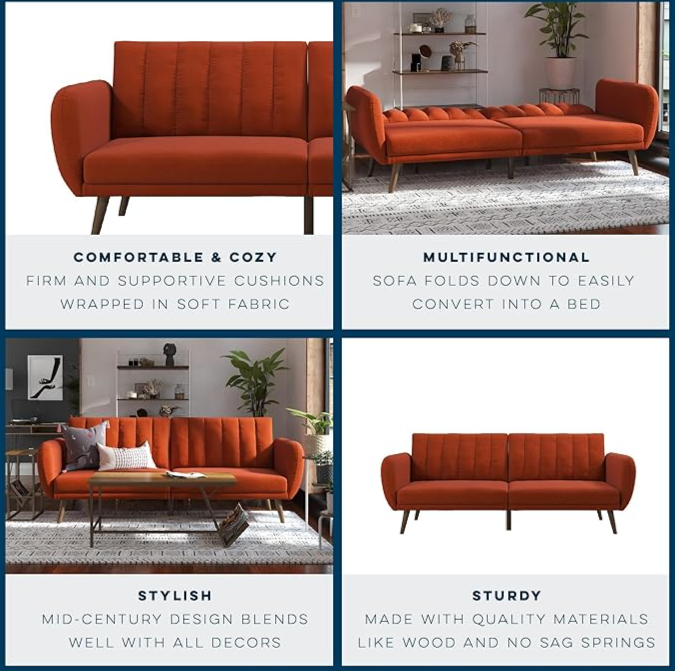 Dark orange 82" linen futon sofa bed w/ tufted back 🧡