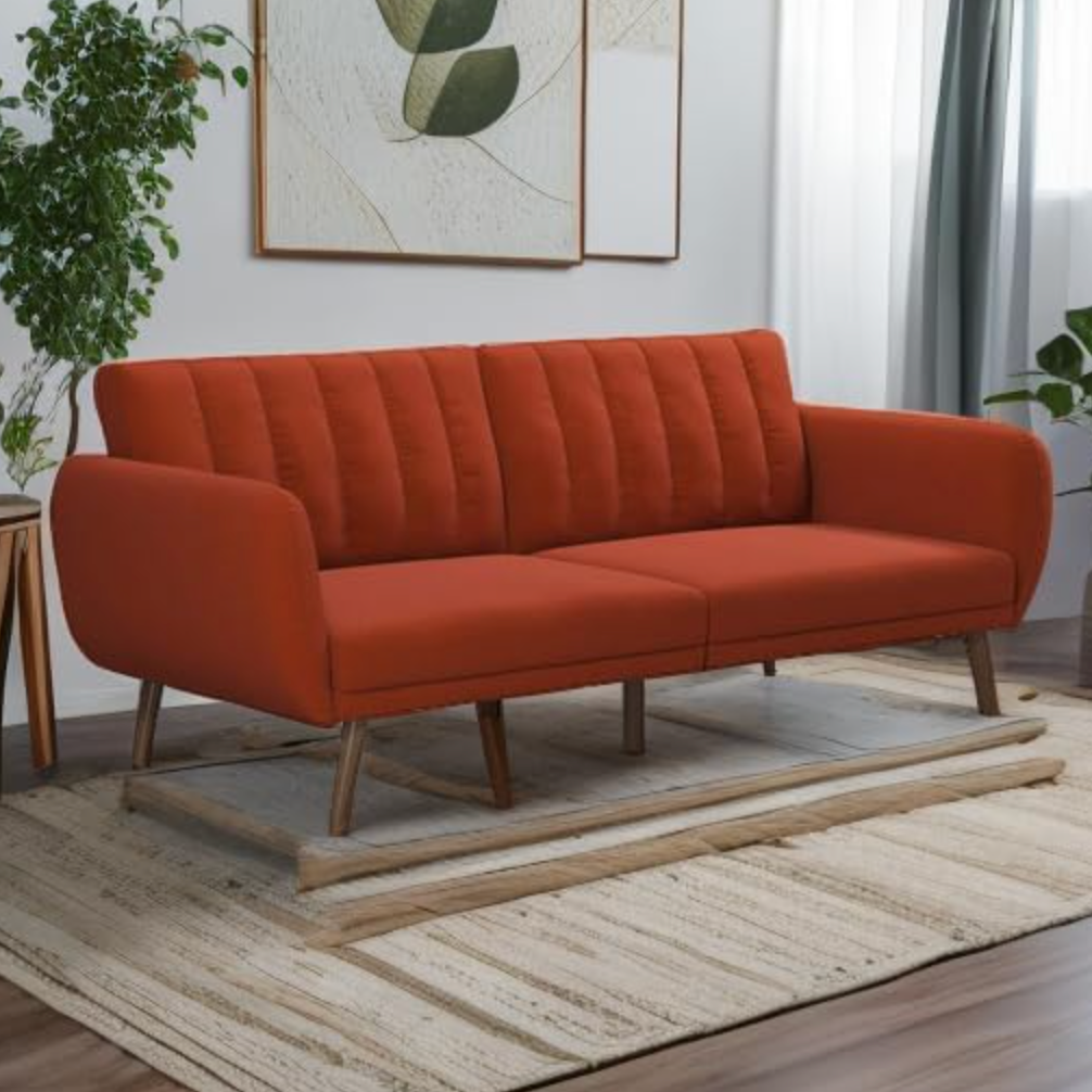 Dark orange 82" linen futon sofa bed w/ tufted back 🧡