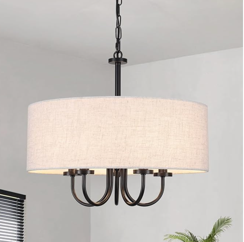 Modern 19" modern 5-light farmhouse black chandelier w/ linen shadeđź–¤