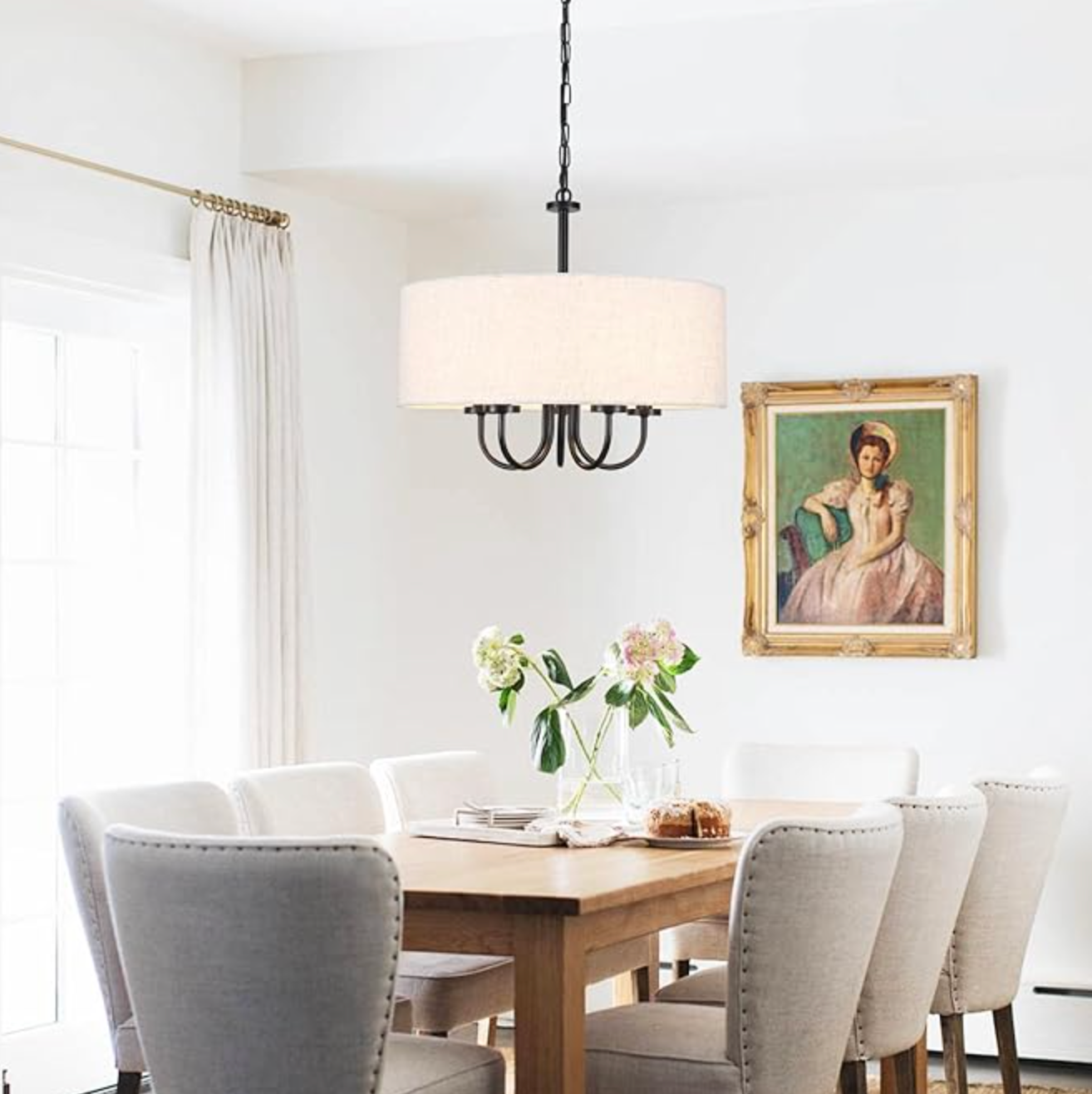 Modern 19" modern 5-light farmhouse black chandelier w/ linen shadeđź–¤