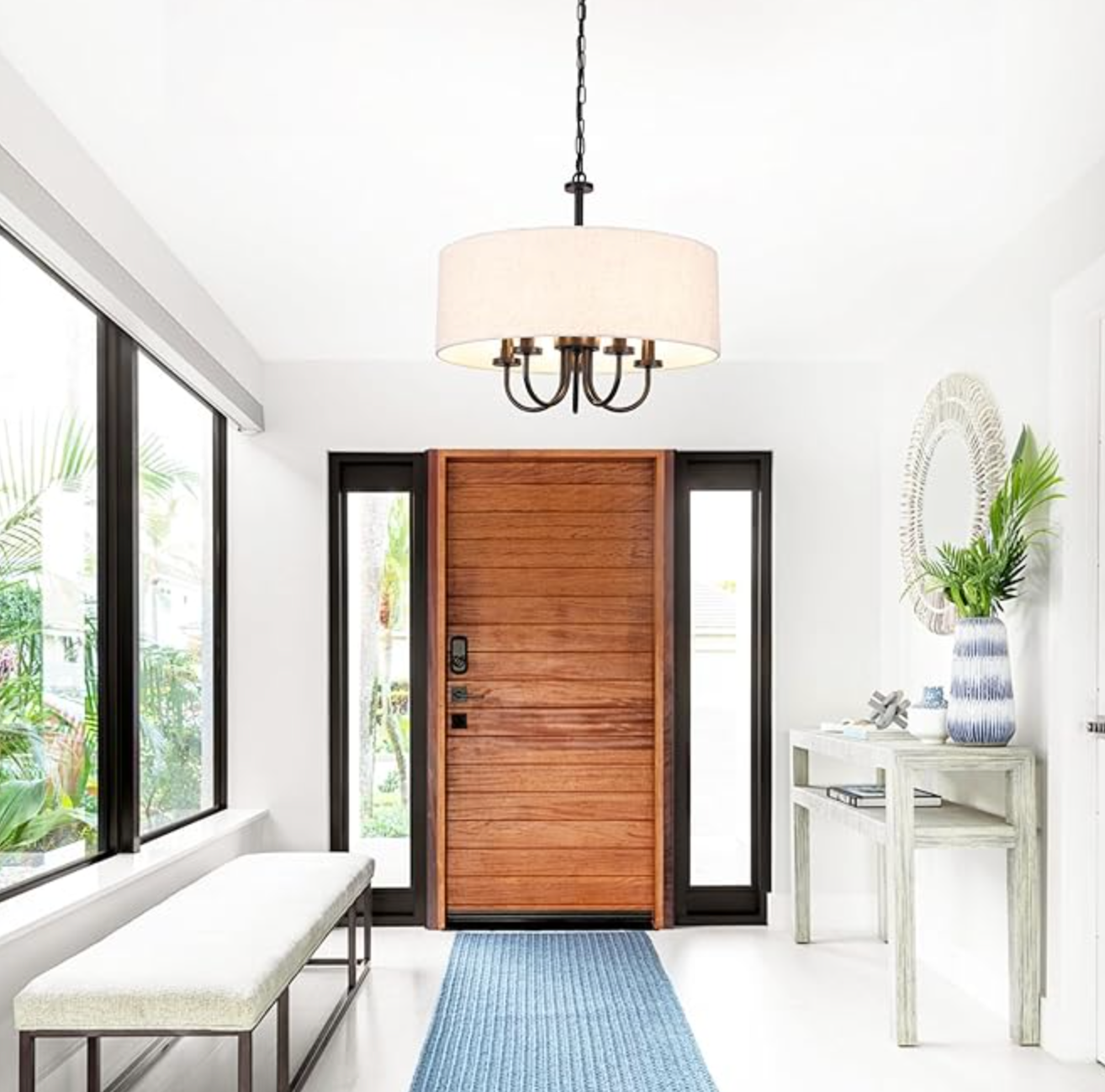 Modern 19" modern 5-light farmhouse black chandelier w/ linen shadeđź–¤