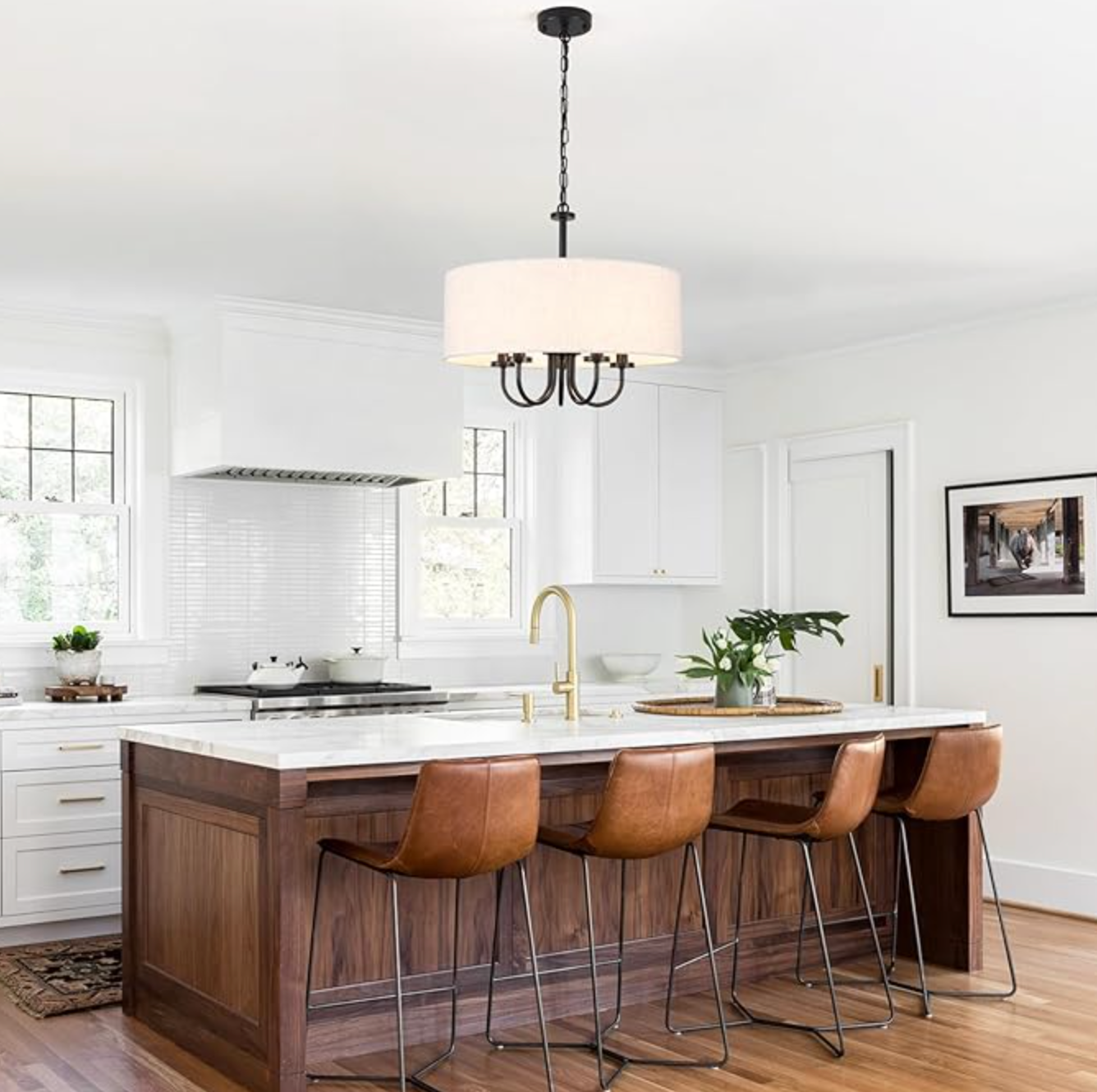 Modern 19" modern 5-light farmhouse black chandelier w/ linen shadeđź–¤