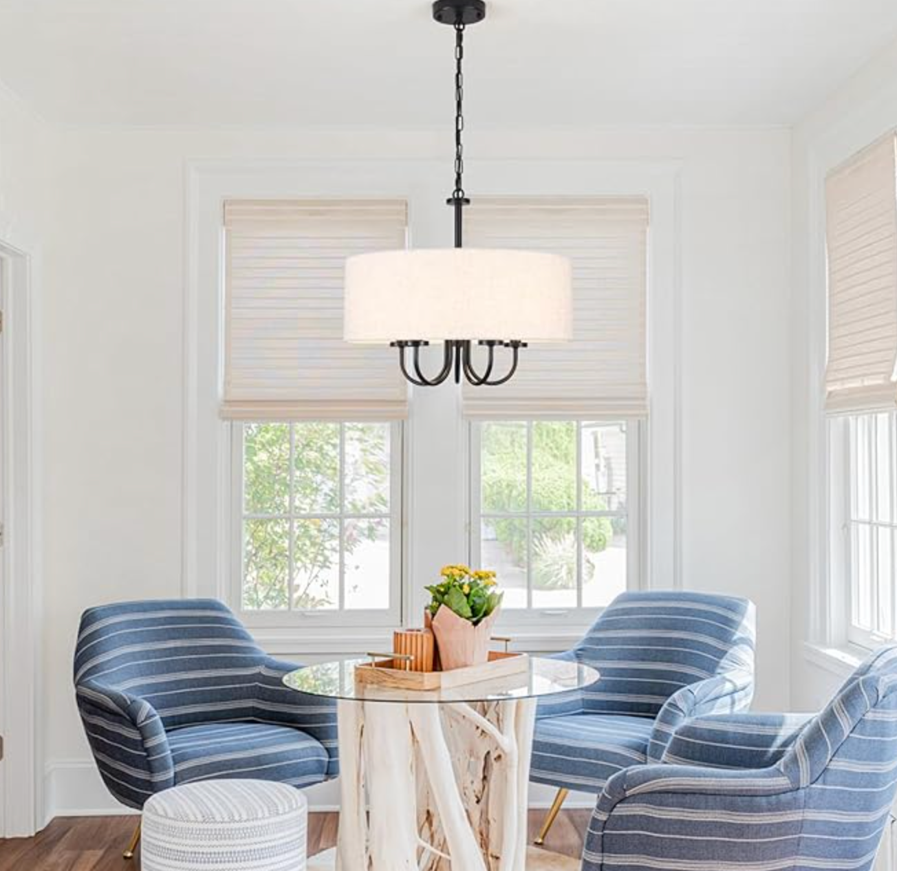 Modern 19" modern 5-light farmhouse black chandelier w/ linen shadeđź–¤