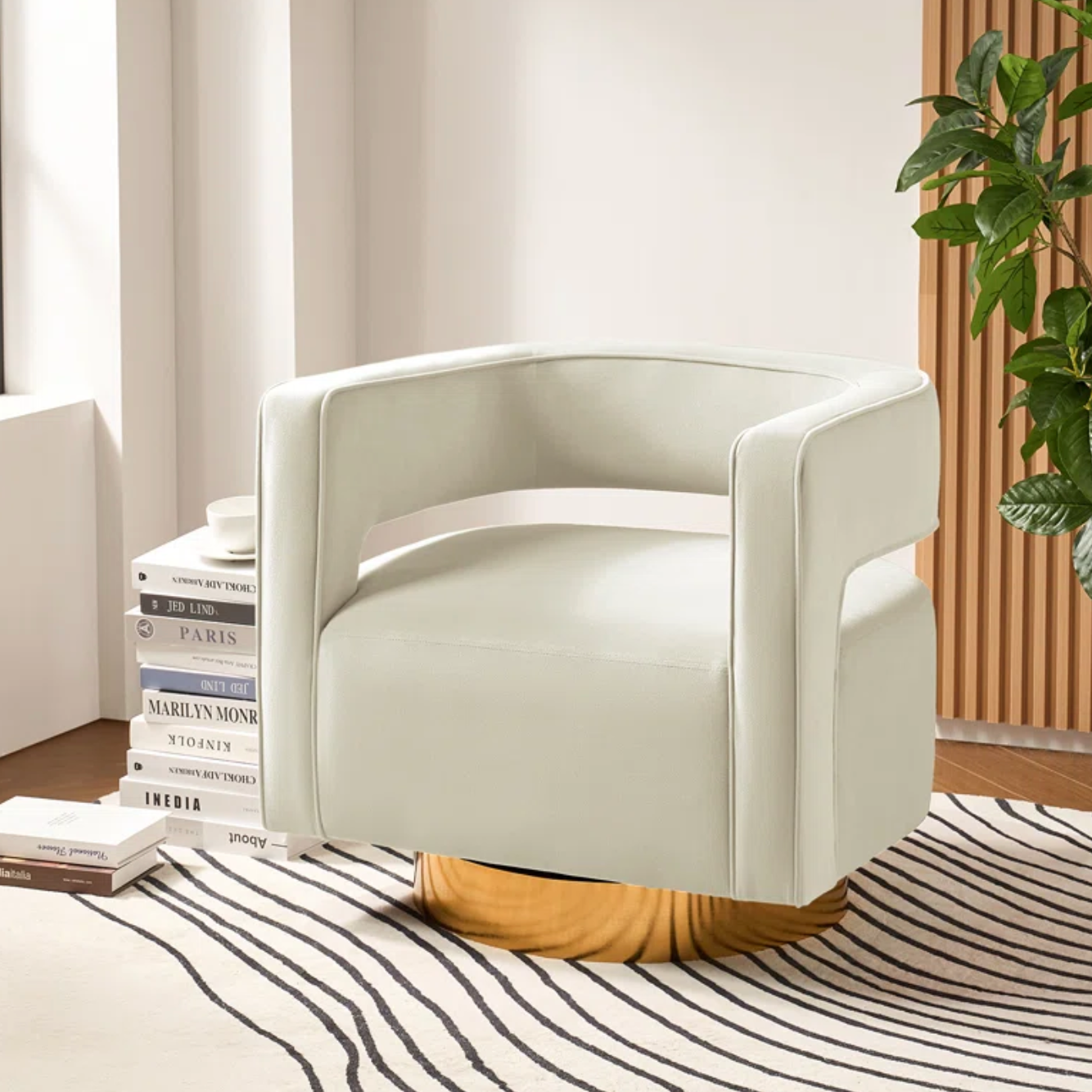 Modern white velvet swivel accent chair w/ gold base ✨