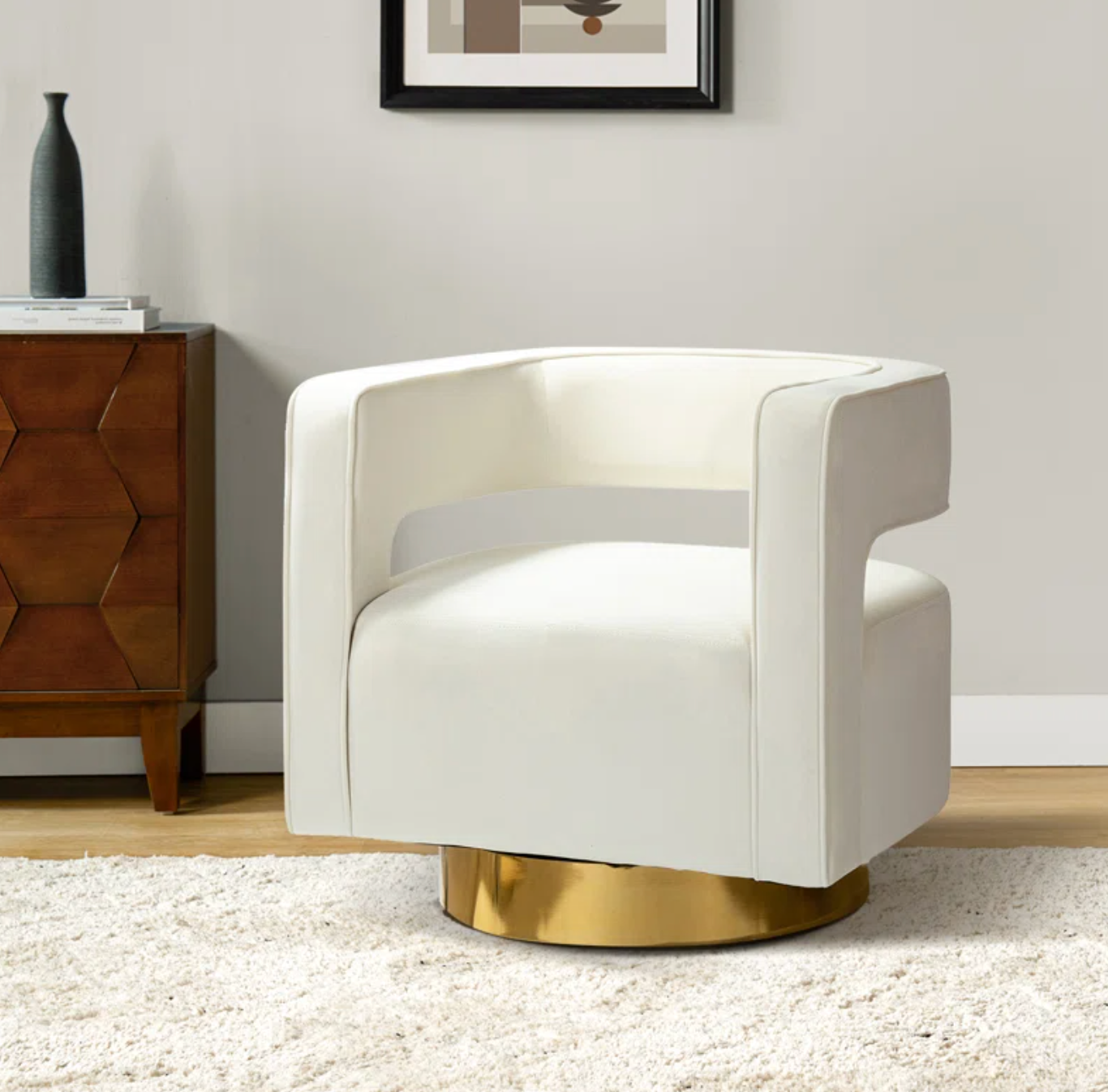 Modern white velvet swivel accent chair w/ gold base ✨