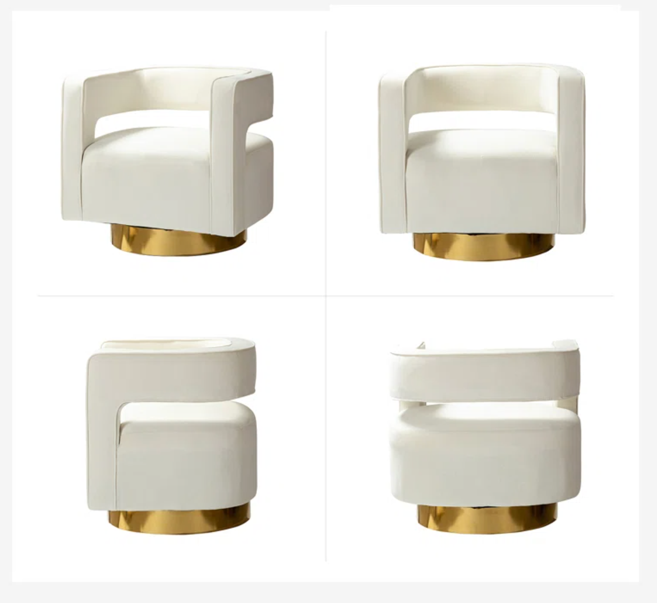 Modern white velvet swivel accent chair w/ gold base ✨