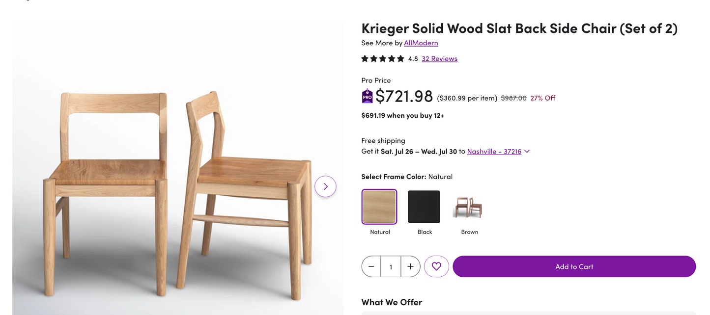 2 modern wide natural oak wood chairs 🌺