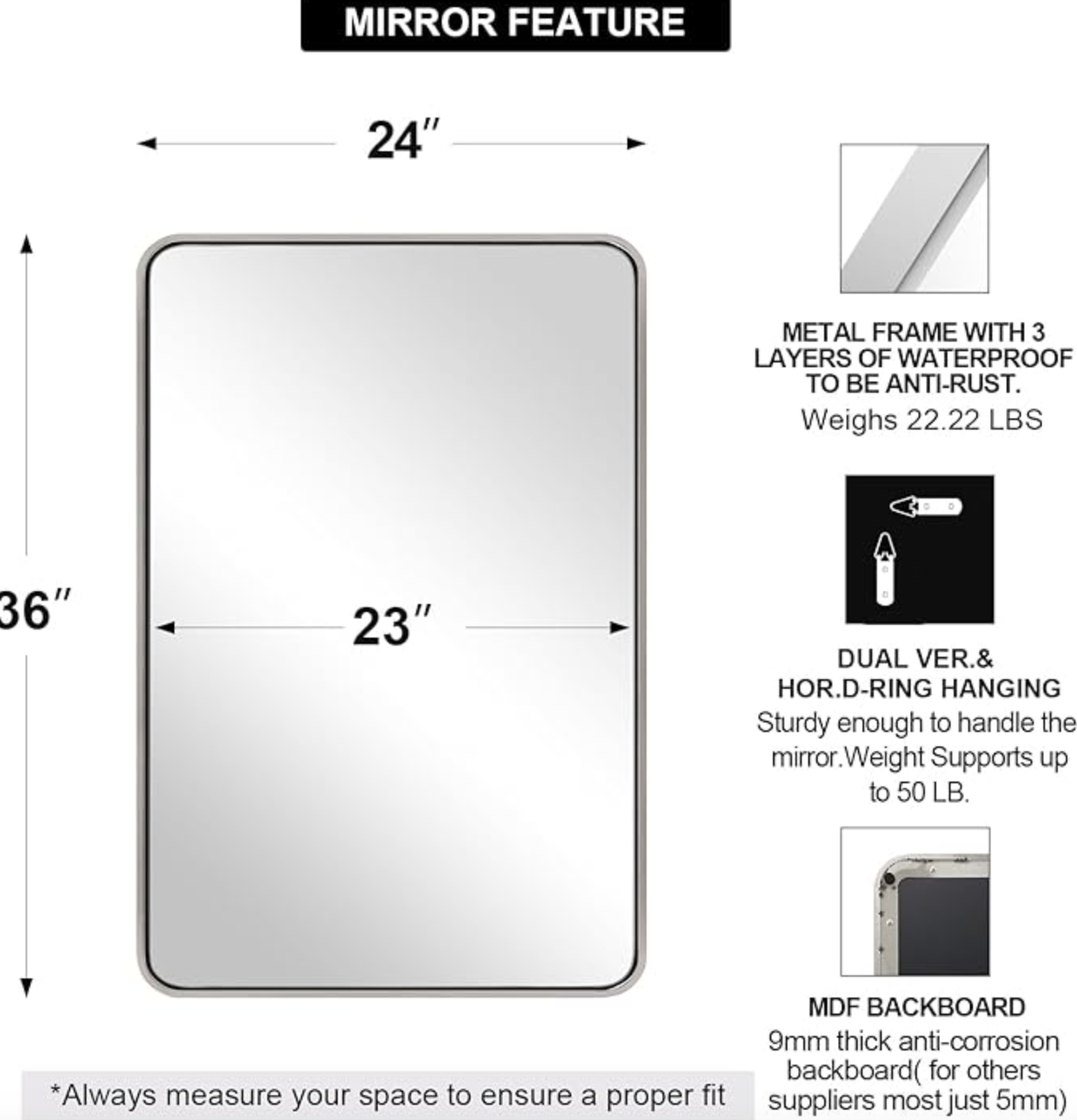 Chrome 24x36’ rounded rectangular anti-rust mirror 🩶