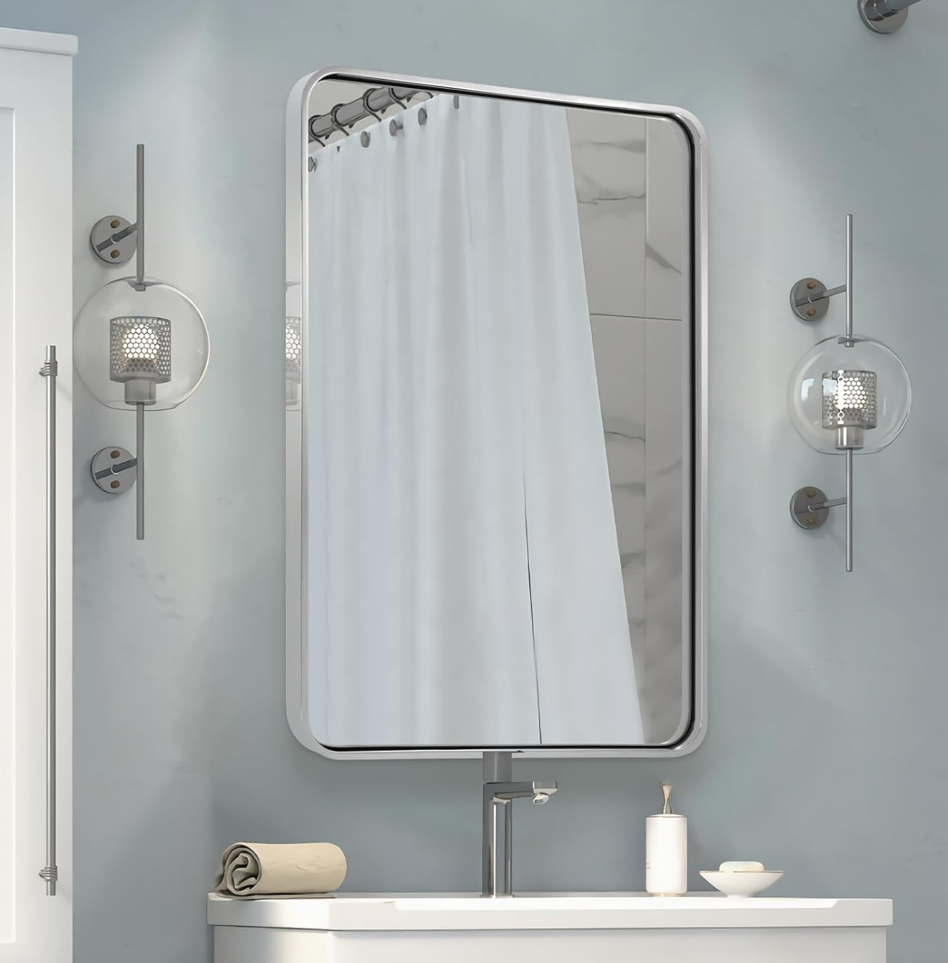Chrome 24x36’ rounded rectangular anti-rust mirror 🩶