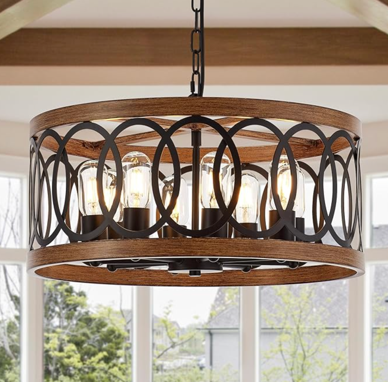 Black & brown wood farmhouse 8-light drum 20" pendant light 🌼