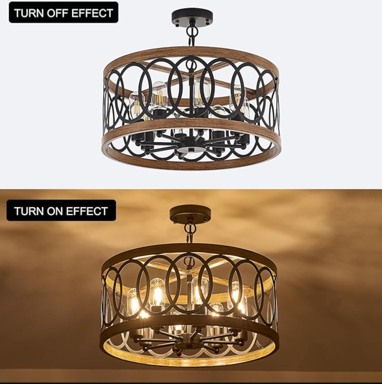 Black & brown wood farmhouse 8-light drum 20" pendant light 🌼