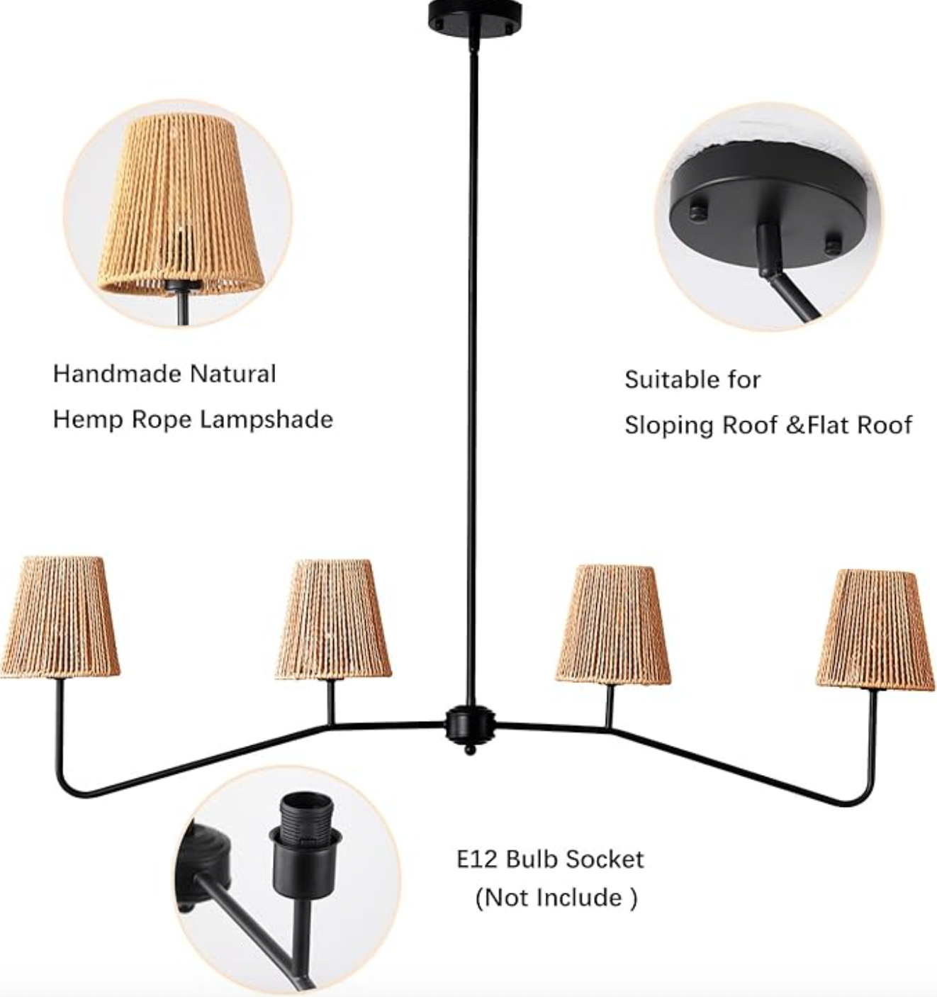 Farmhouse 45" W rattan industrial linear 4-light chandelier 🌻