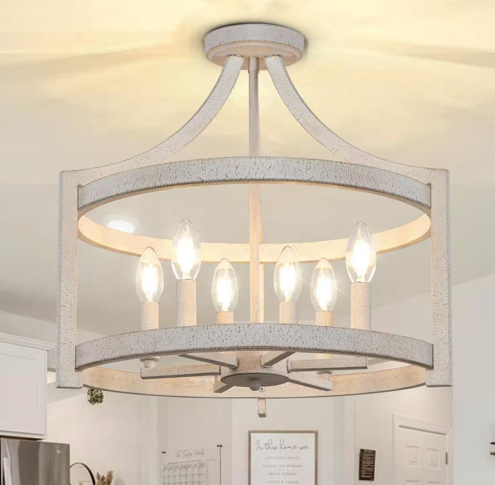 Distressed 19" white rustic farmhouse 6-light chandelier 🌻