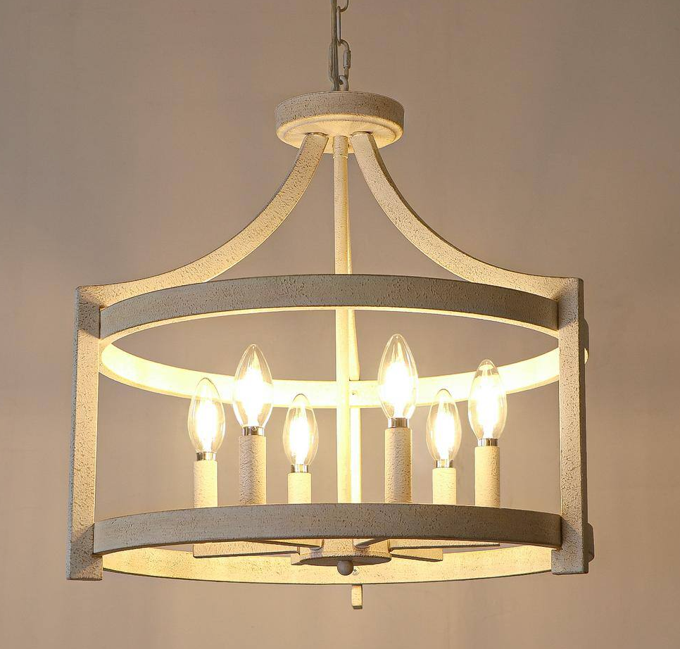Distressed 19" white rustic farmhouse 6-light chandelier 🌻