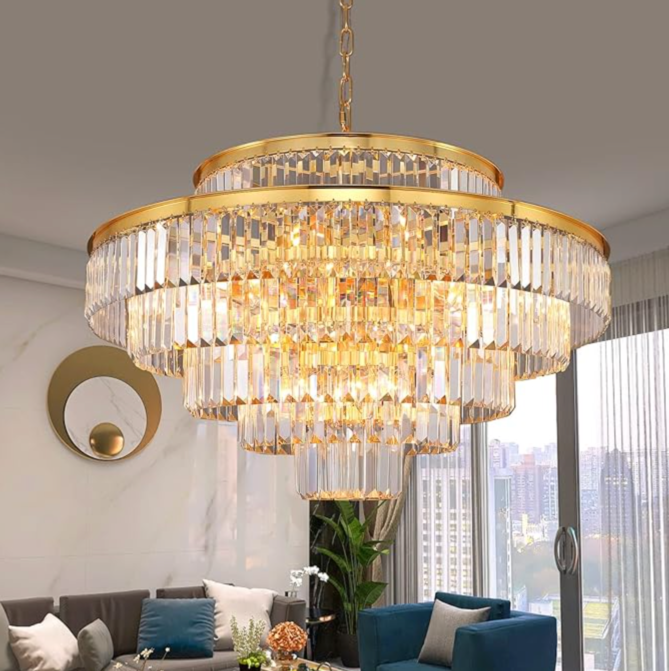 Modern gold crystal round 6-tier 31" chandelier ✨