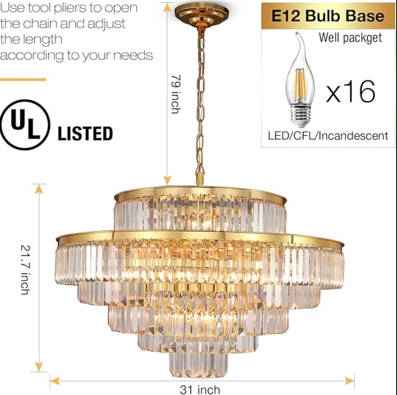 Modern gold crystal round 6-tier 31" chandelier ✨