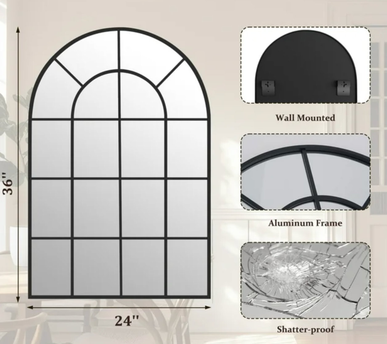 Arched windowpane 24x36 black mirror 🖤