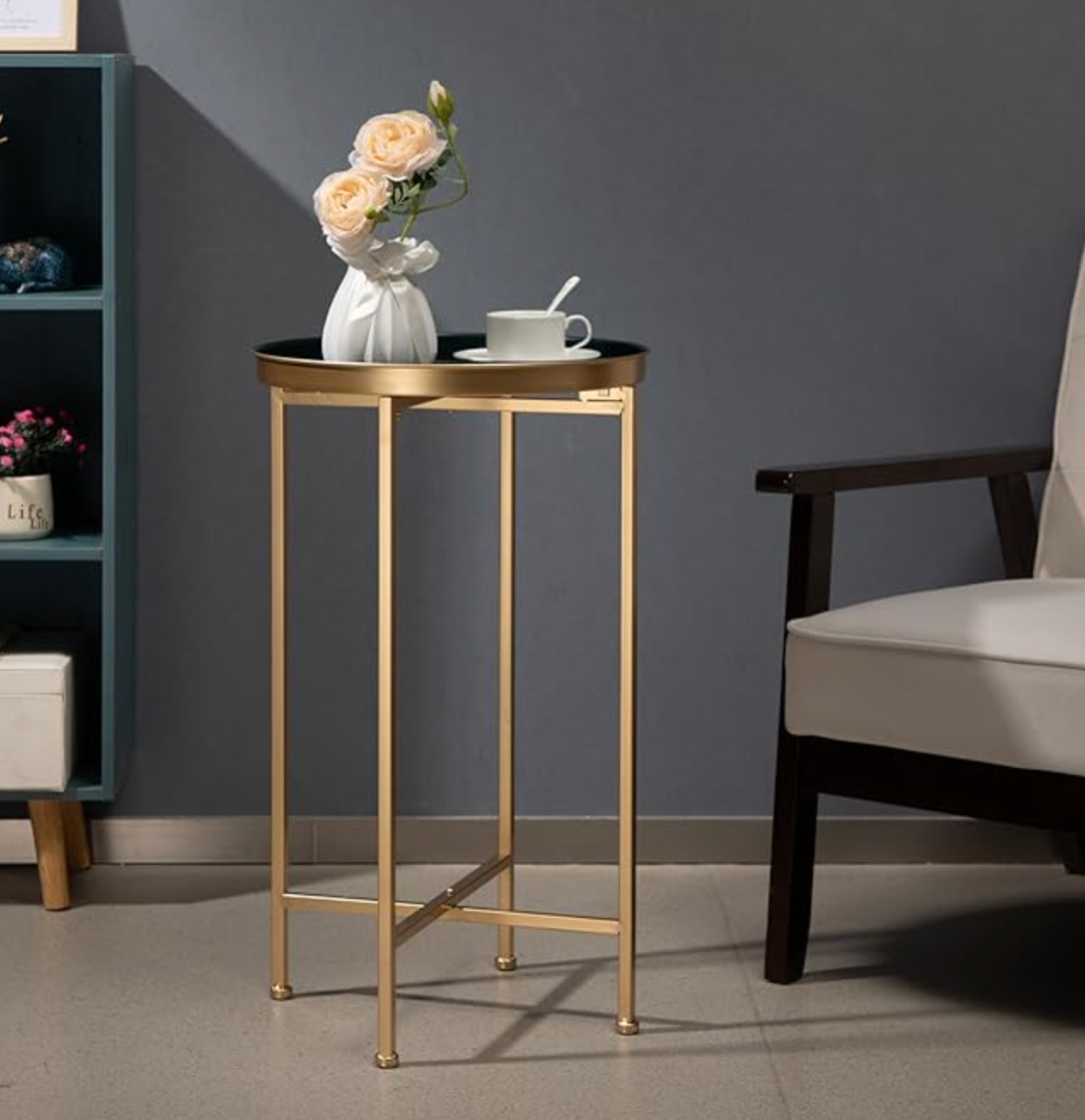 Navy blue & gold round metal waterproof 25H x 14D end table ✨
