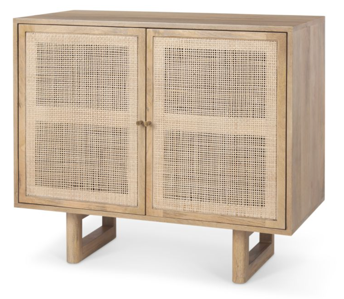 Light brown wood w/ cane 2-door Mercana accent cabinet πͺ΄