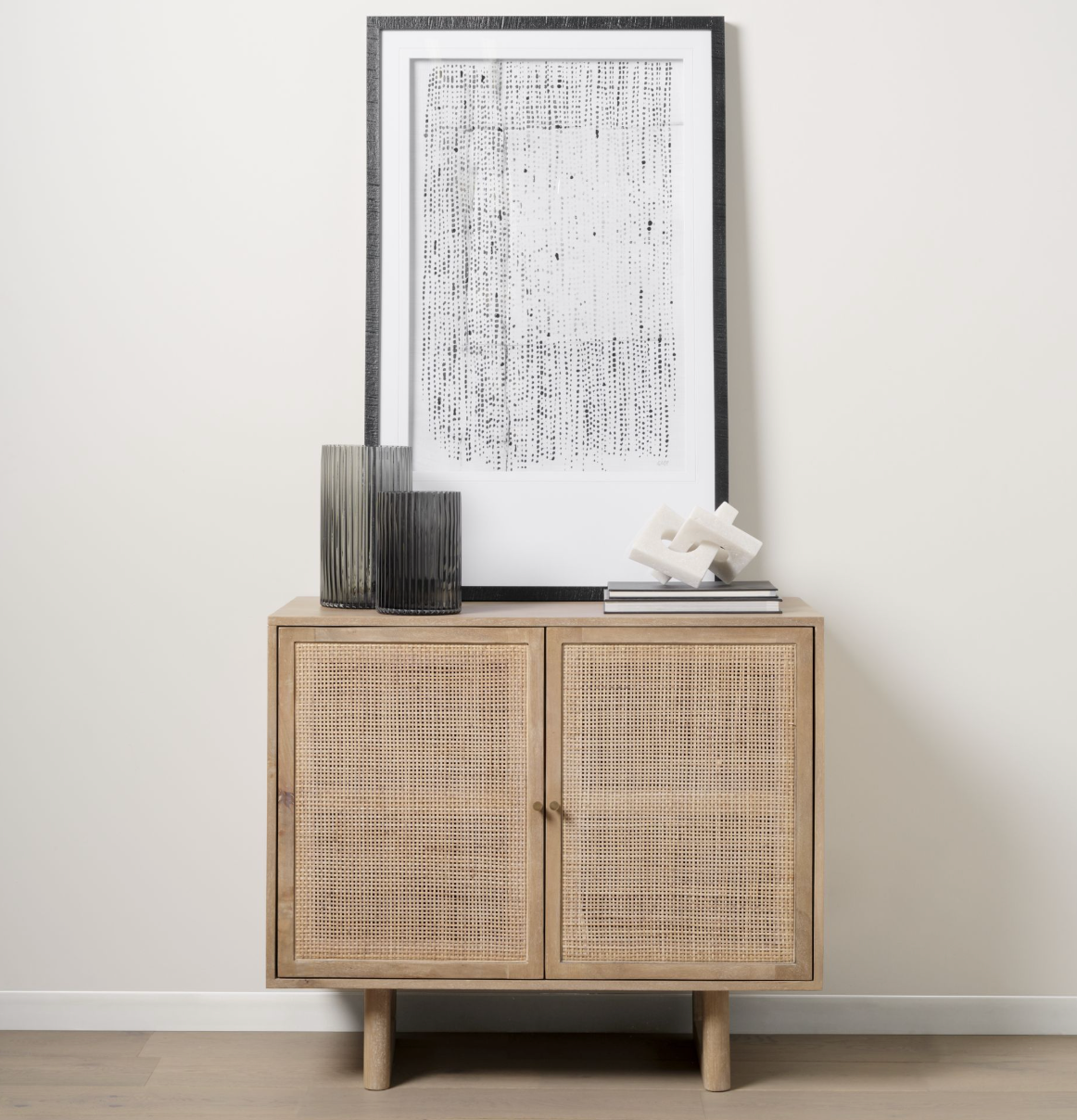 Light brown wood w/ cane 2-door Mercana accent cabinet πͺ΄