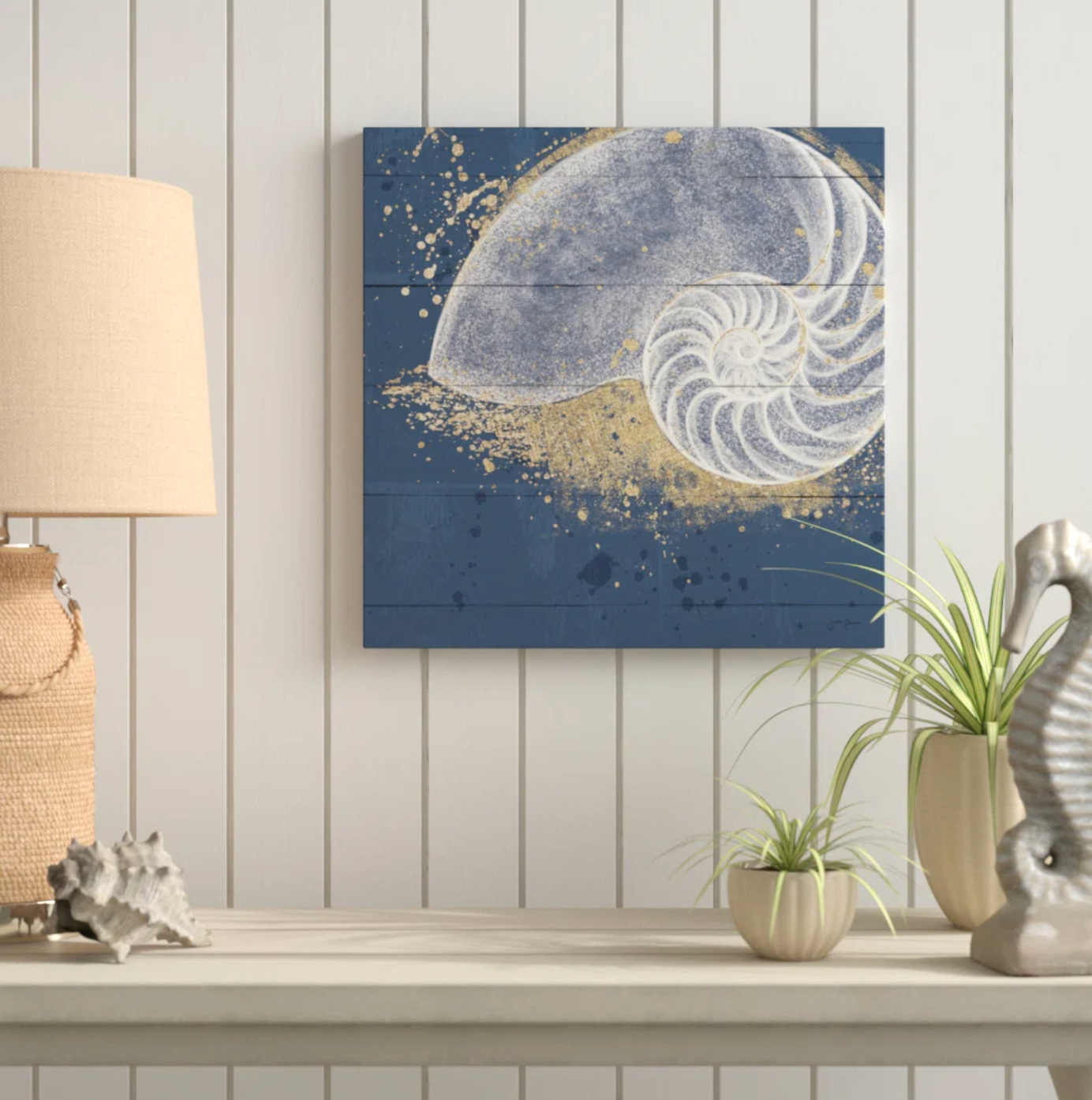 Gold, white, & blue abstract seashell 36x36 canvas 🐚