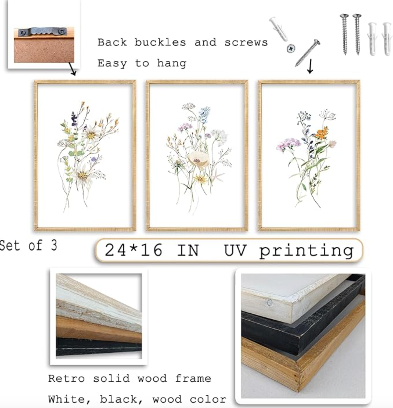 Set of 3 boho 16x24 wildflower wood prints 🌼