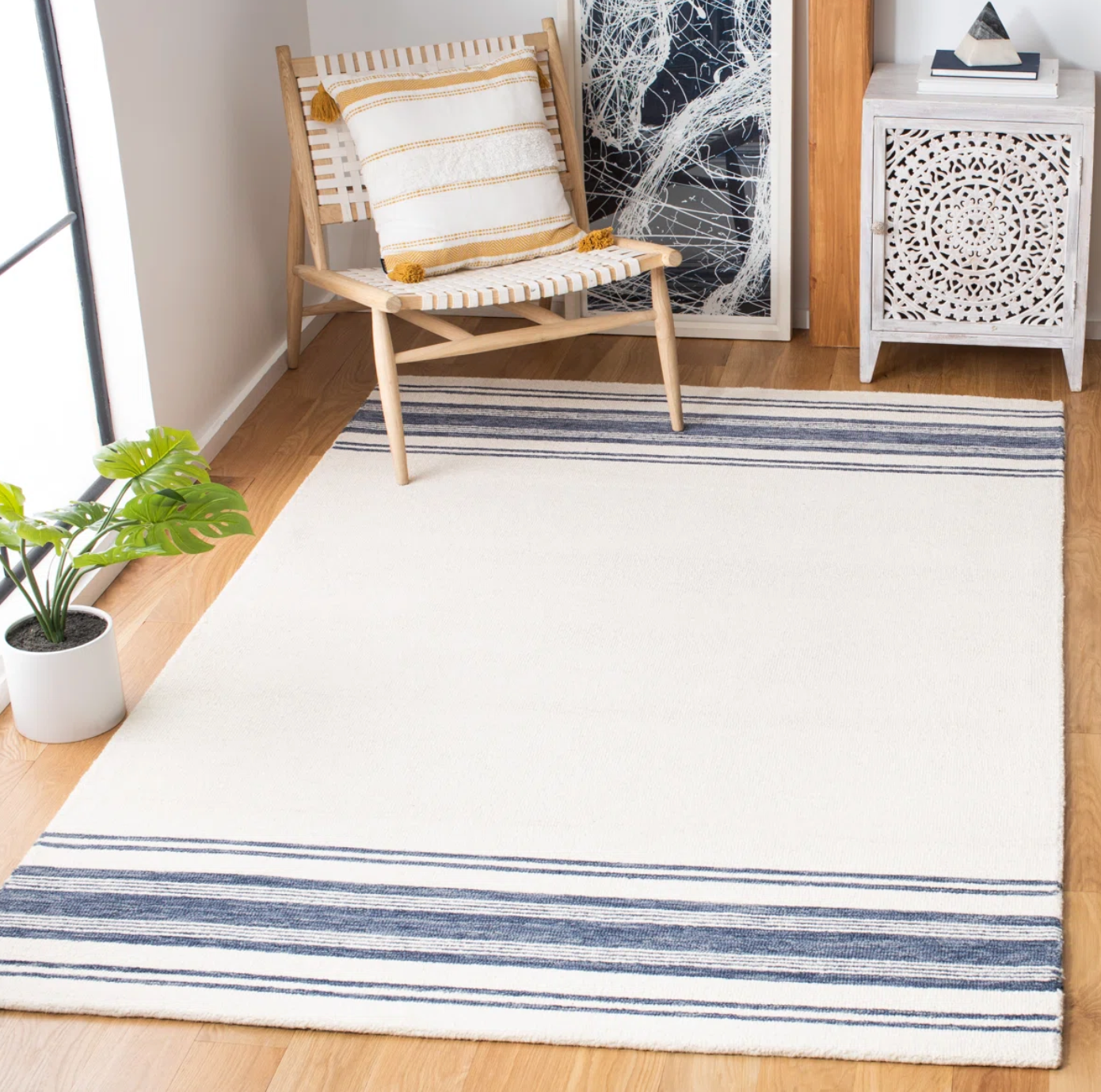 8x10 handtufted wool & cotton cream & blue rug 🍶
