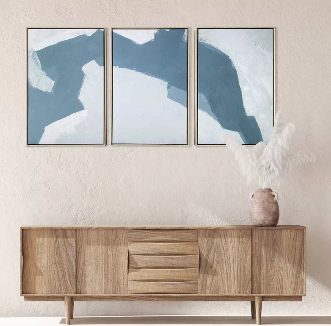 Modern blue abstract triptych 12x24 framed canvas 🌊