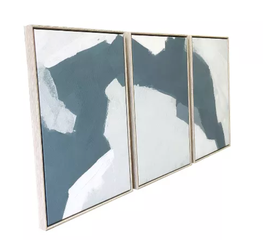 Modern blue abstract triptych 12x24 framed canvas 🌊