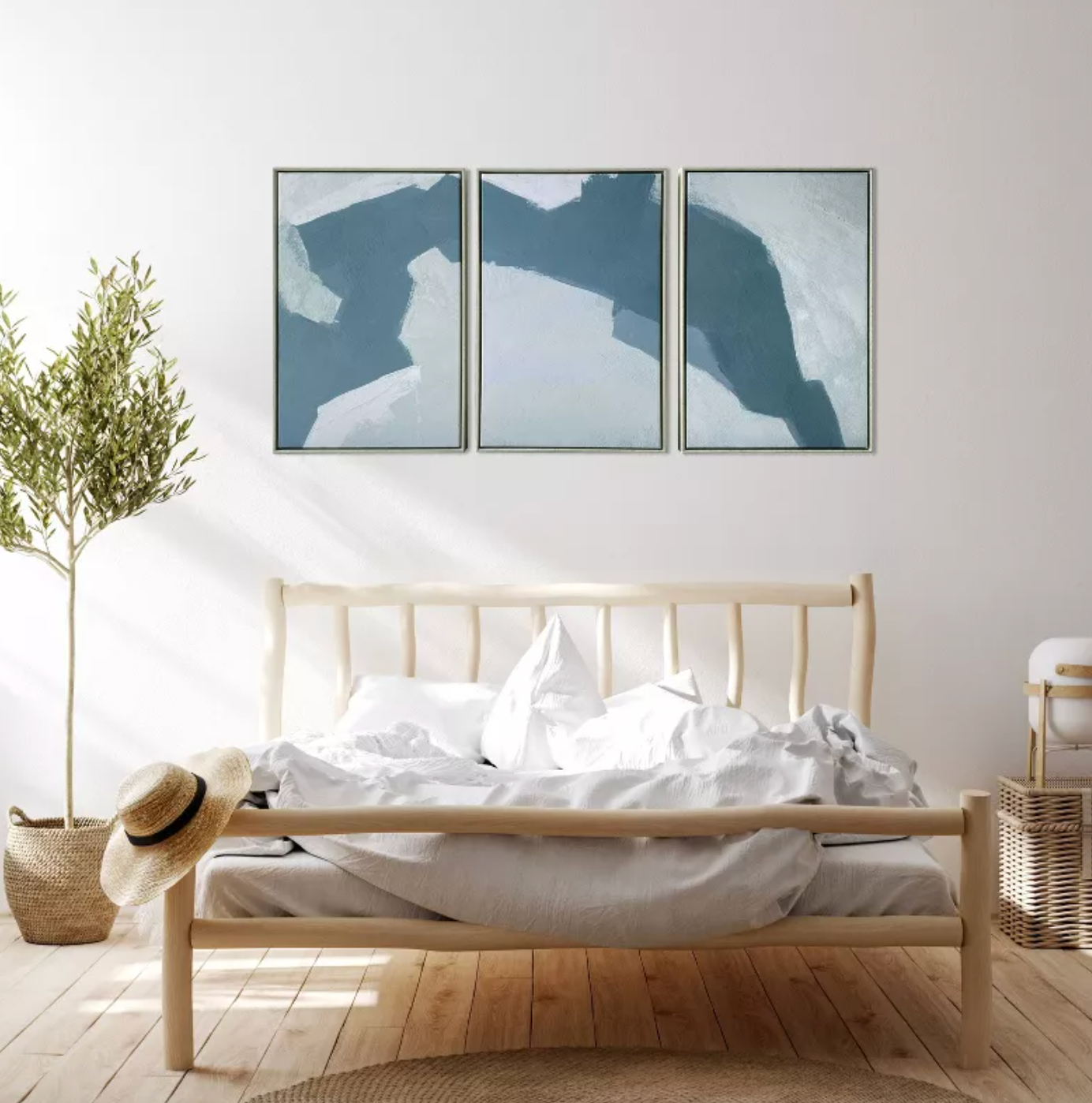 Modern blue abstract triptych 12x24 framed canvas 🌊