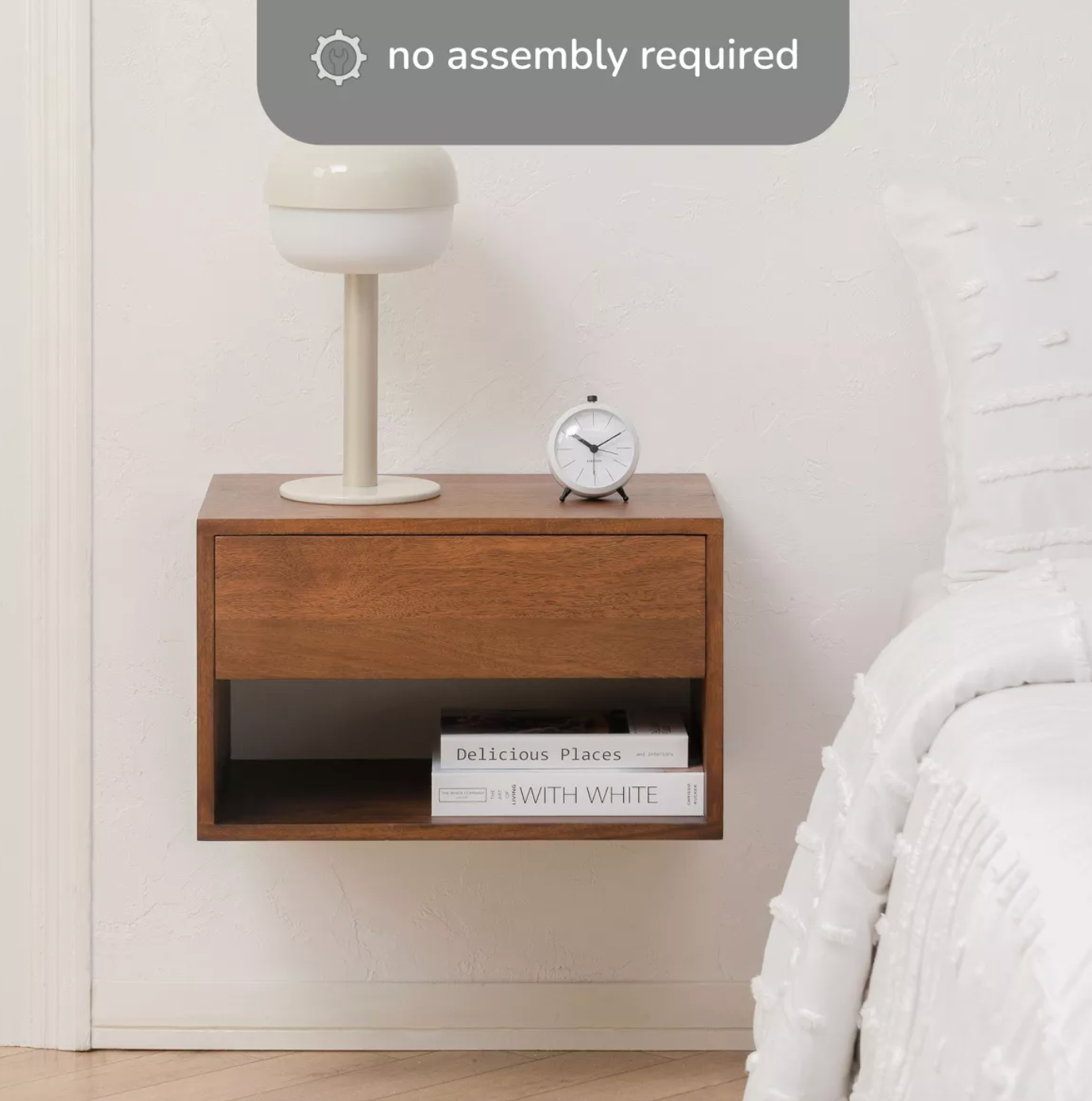 Wall-mounted 12.5" brown wood nightstand w/ storage ☕