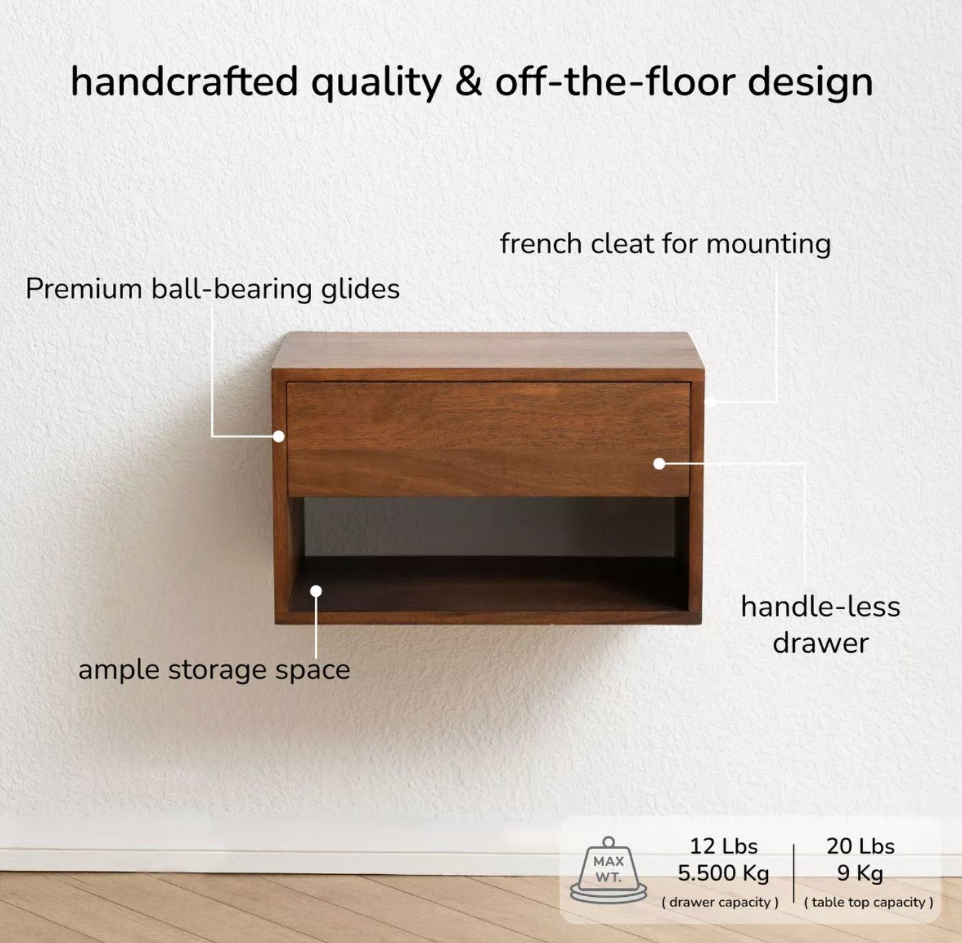 Wall-mounted 12.5" brown wood nightstand w/ storage ☕