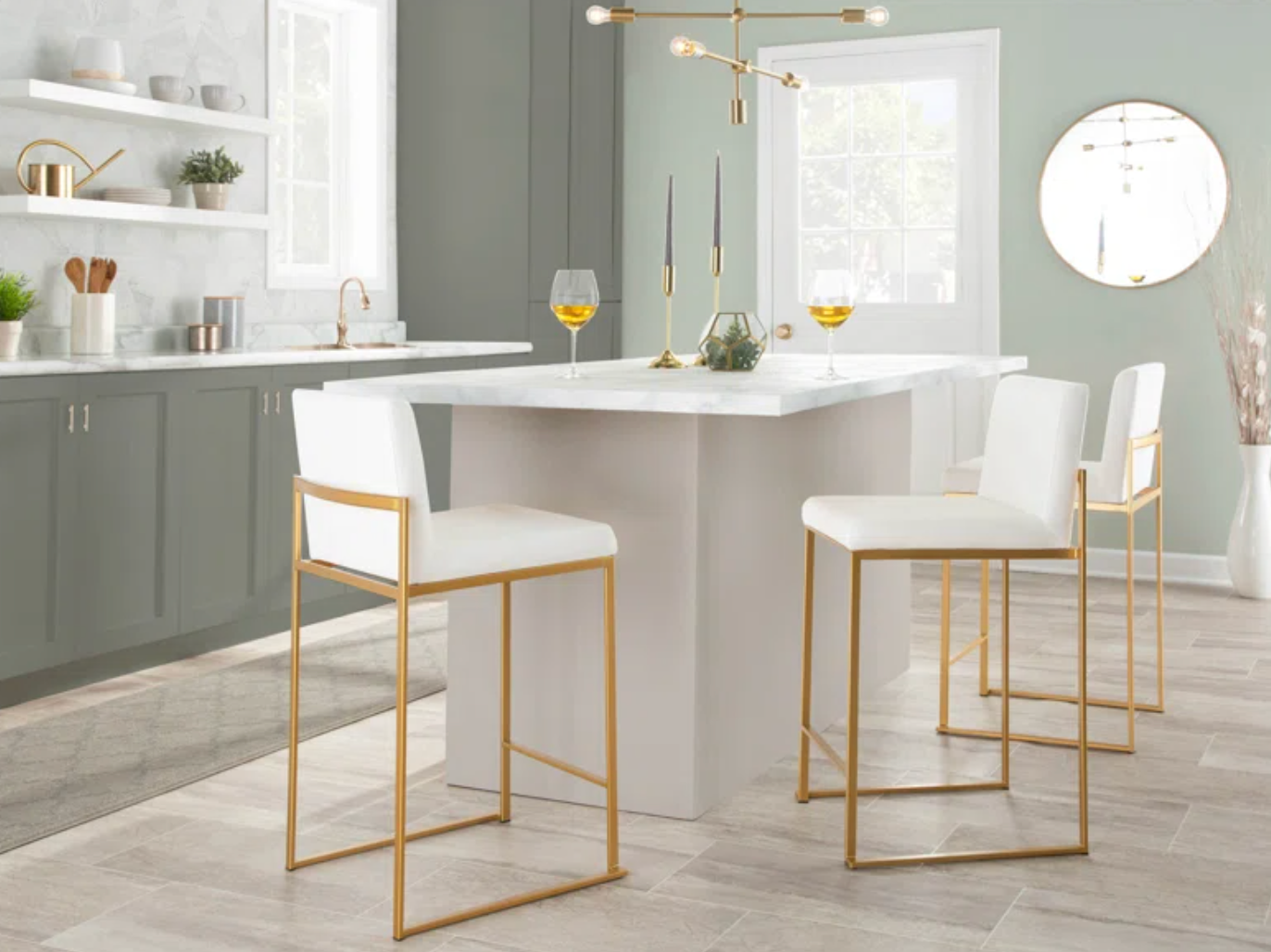 2 white velvet barstools w/ gold metal frame 🥂