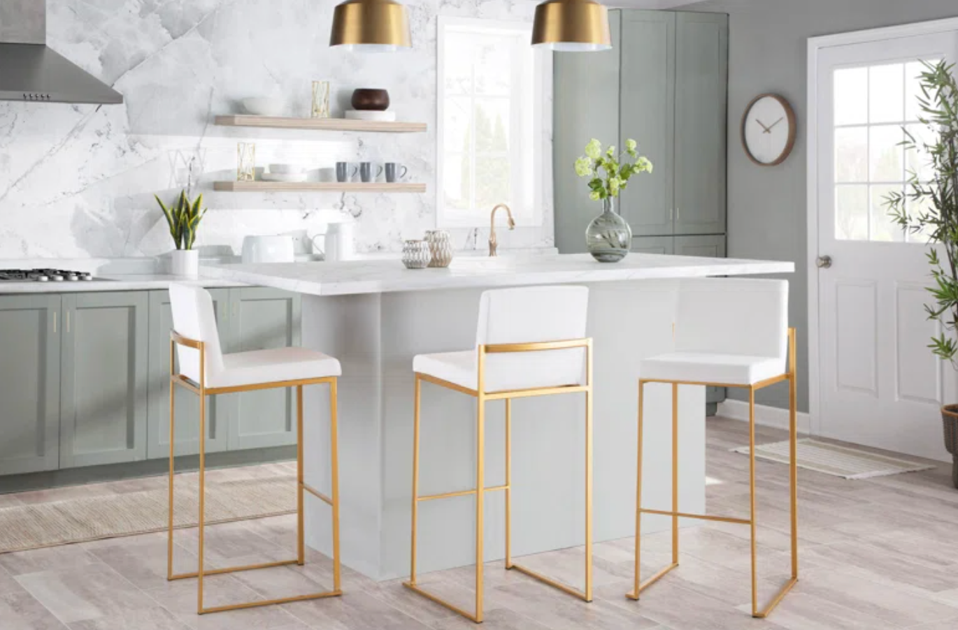 2 white velvet barstools w/ gold metal frame 🥂